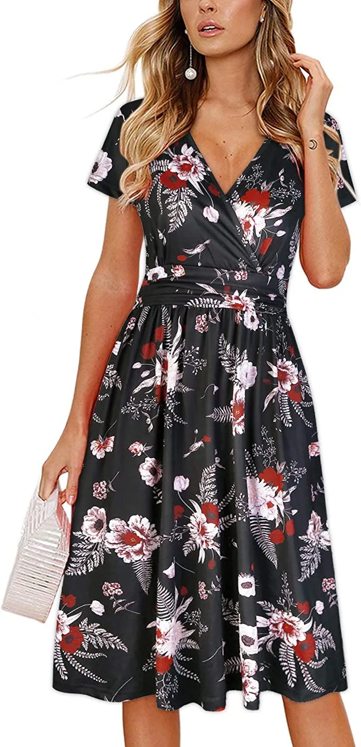 Womens Summer Dress Short Sleeve V Neck Casual Floral Wrap Dress with Pockets