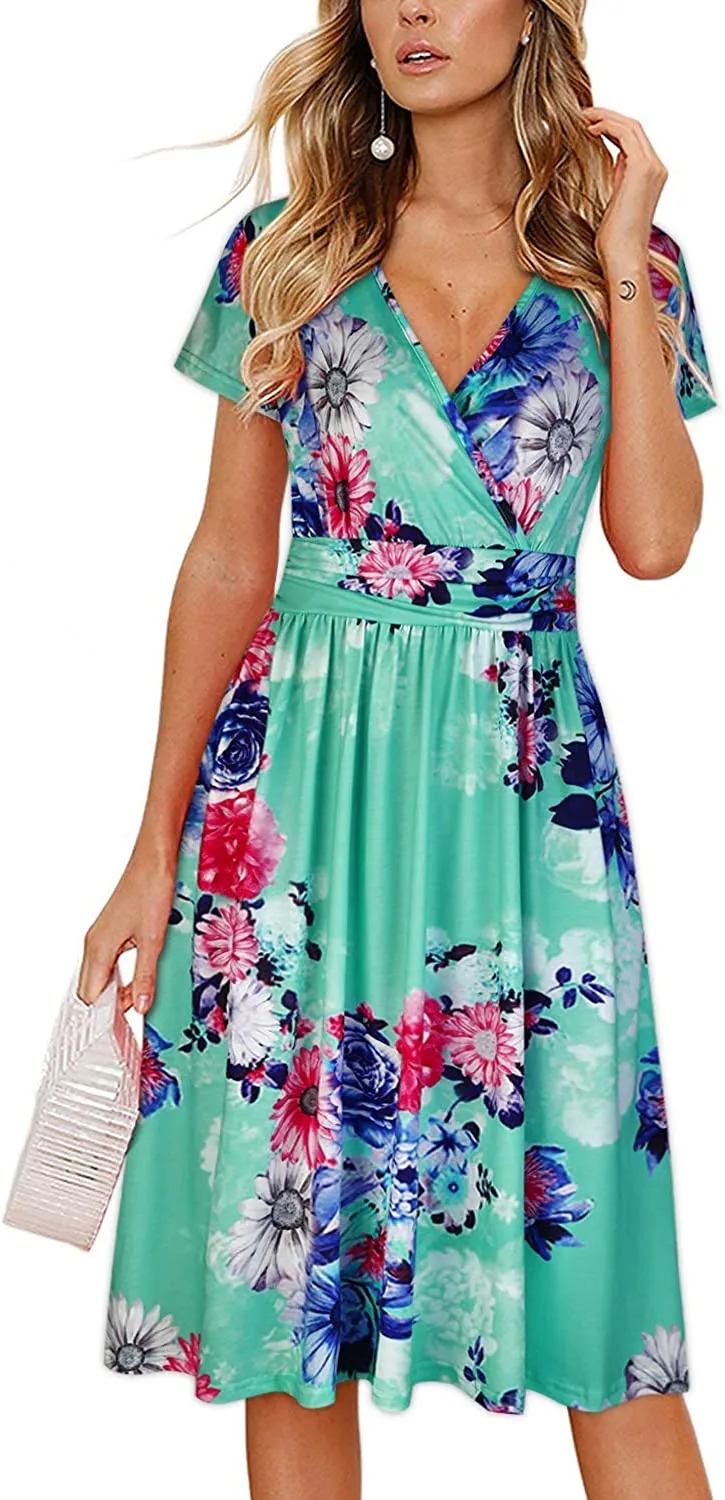 Womens Summer Dress Short Sleeve V Neck Casual Floral Wrap Dress with Pockets
