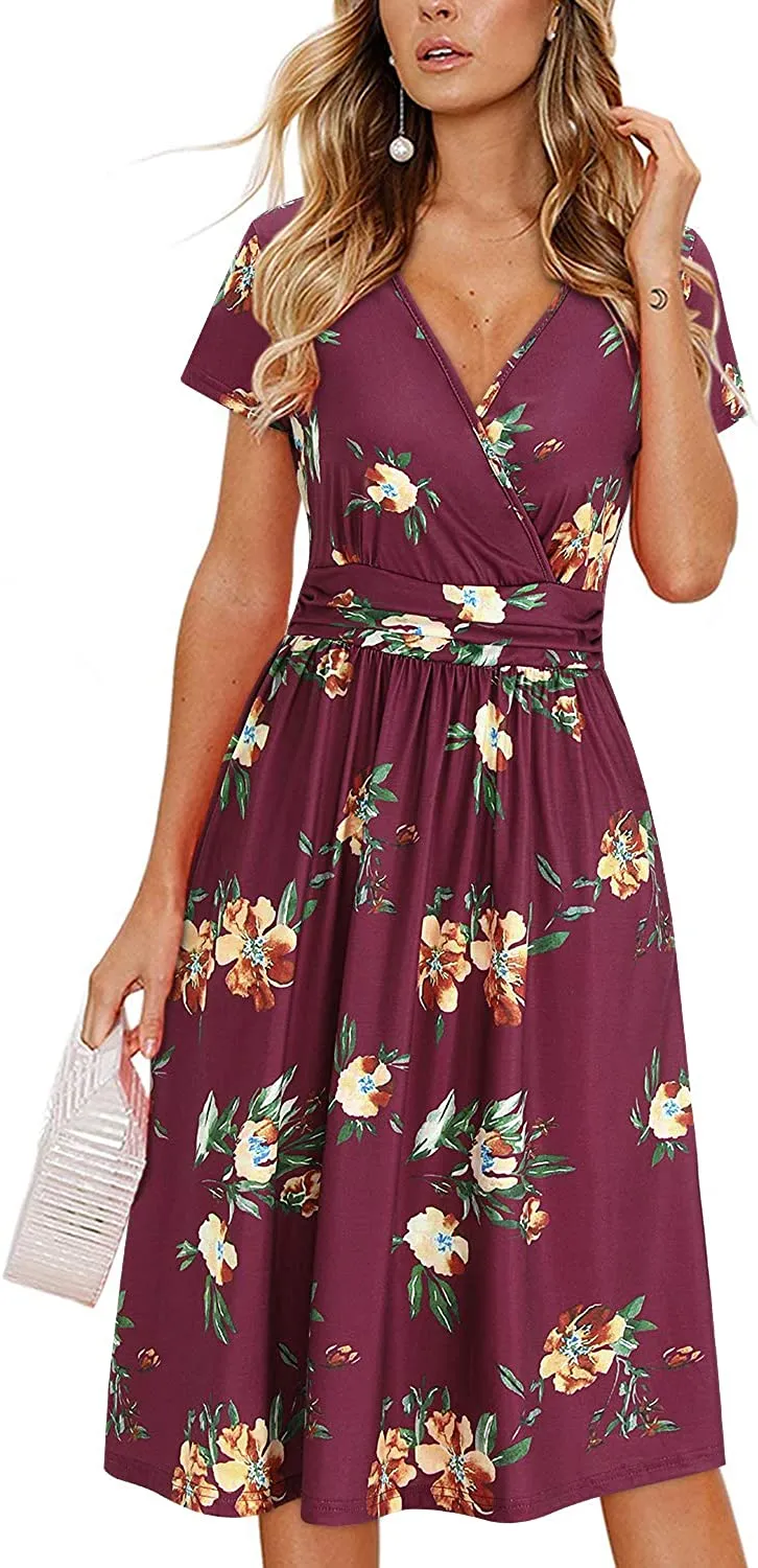 Womens Summer Dress Short Sleeve V Neck Casual Floral Wrap Dress with Pockets