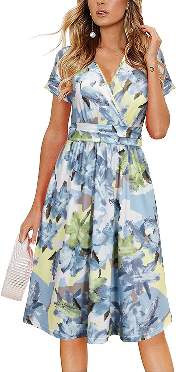 Womens Summer Dress Short Sleeve V Neck Casual Floral Wrap Dress with Pockets