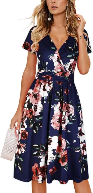 Womens Summer Dress Short Sleeve V Neck Casual Floral Wrap Dress with Pockets