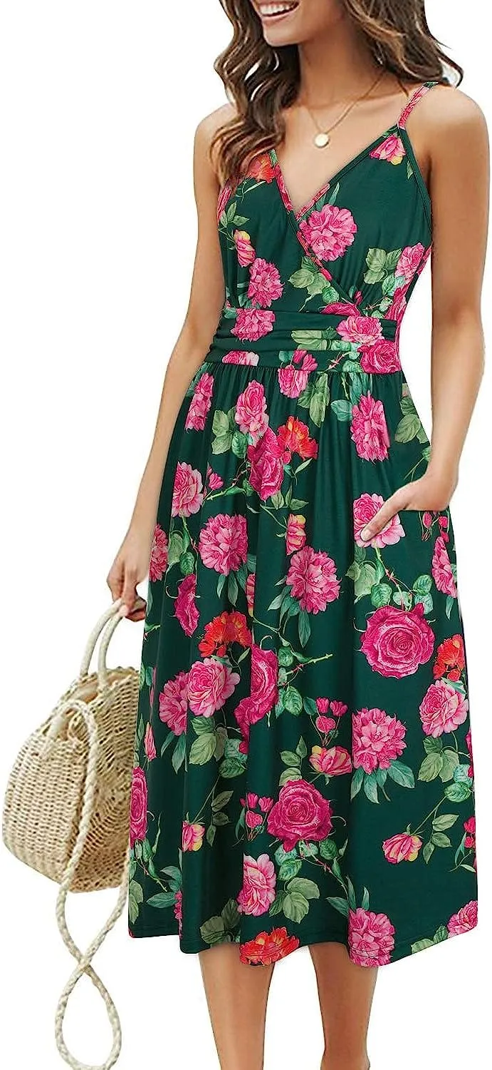 Womens Summer Dress Short Sleeve V Neck Casual Floral Wrap Dress with Pockets