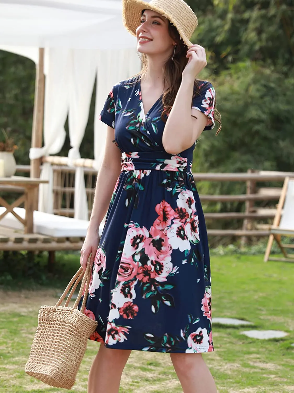 Womens Summer Dress Short Sleeve V Neck Casual Floral Wrap Dress with Pockets