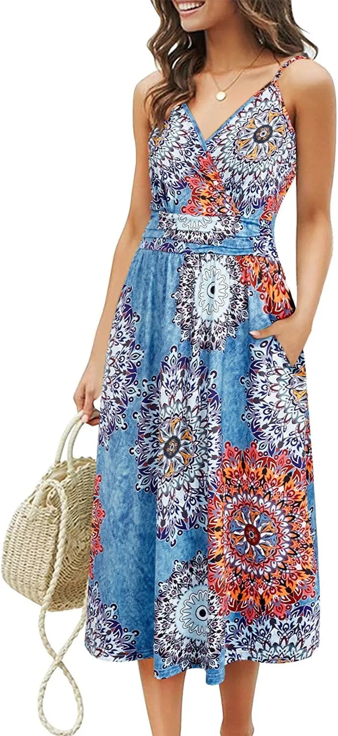 Womens Summer Dress Short Sleeve V Neck Casual Floral Wrap Dress with Pockets