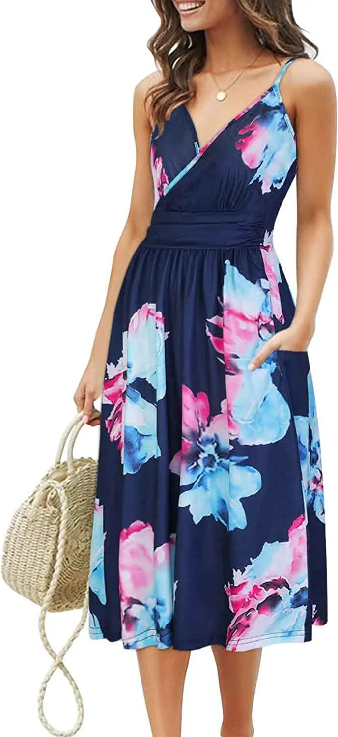 Womens Summer Dress Short Sleeve V Neck Casual Floral Wrap Dress with Pockets