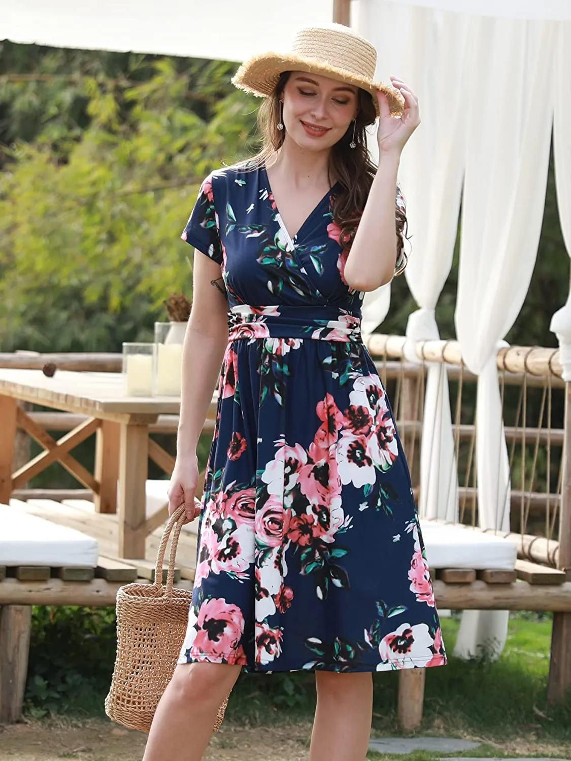 Womens Summer Dress Short Sleeve V Neck Casual Floral Wrap Dress with Pockets
