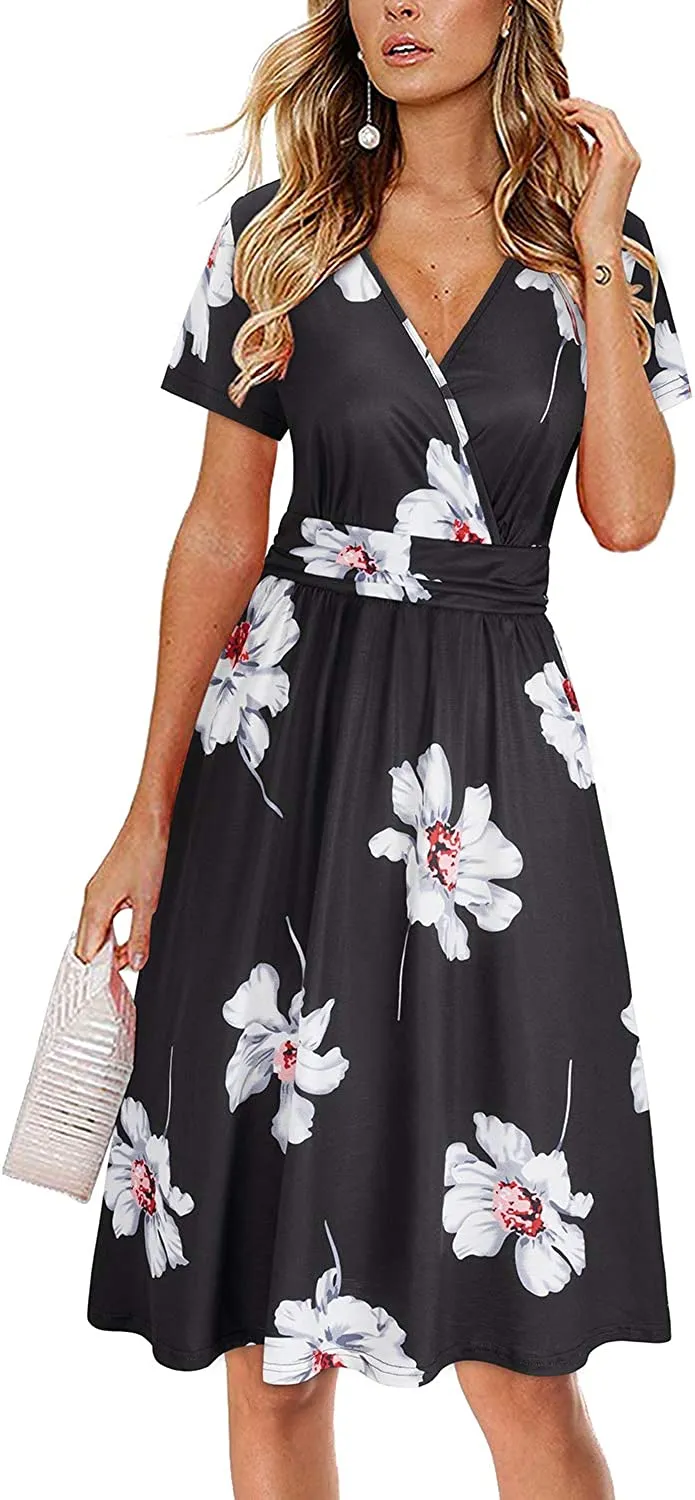 Womens Summer Dress Short Sleeve V Neck Casual Floral Wrap Dress with Pockets