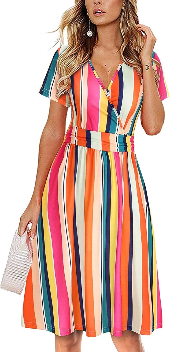 Womens Summer Dress Short Sleeve V Neck Casual Floral Wrap Dress with Pockets